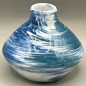 Small Pottery Bud Vase With Blue And Green Swirls 4”